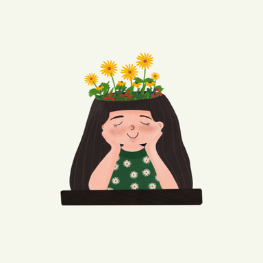 Comicstil - ein Mädchen sitzt verträumt am Tisch und Blumen wachsen aus ihrem Kopf